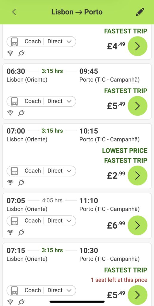 LisbonからPortoの格安Flixバス予約画面